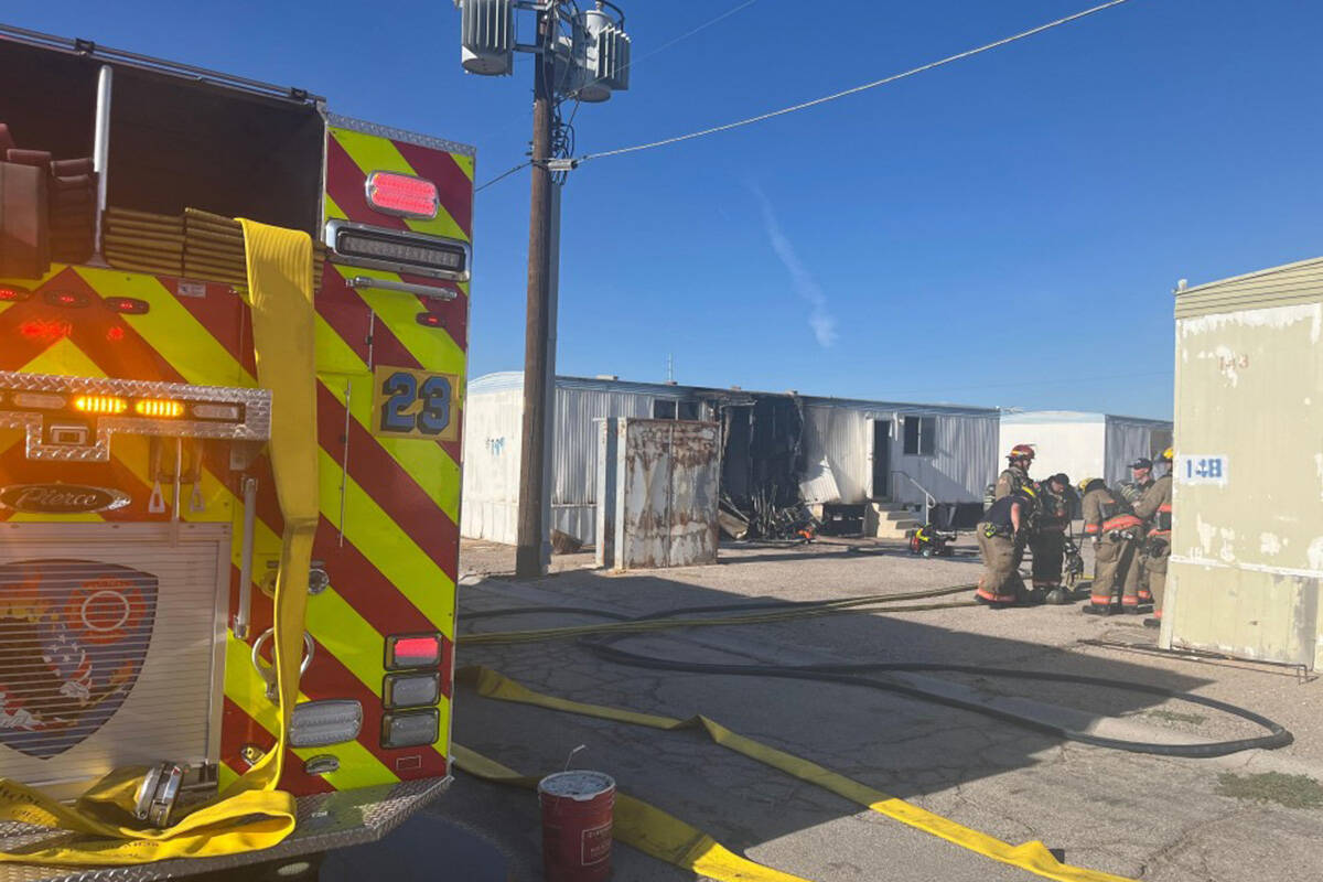 Crews battle a mobile home fire Thursday, Aug. 7, 2025, on the 3900 block of North Las Vegas Bo ...