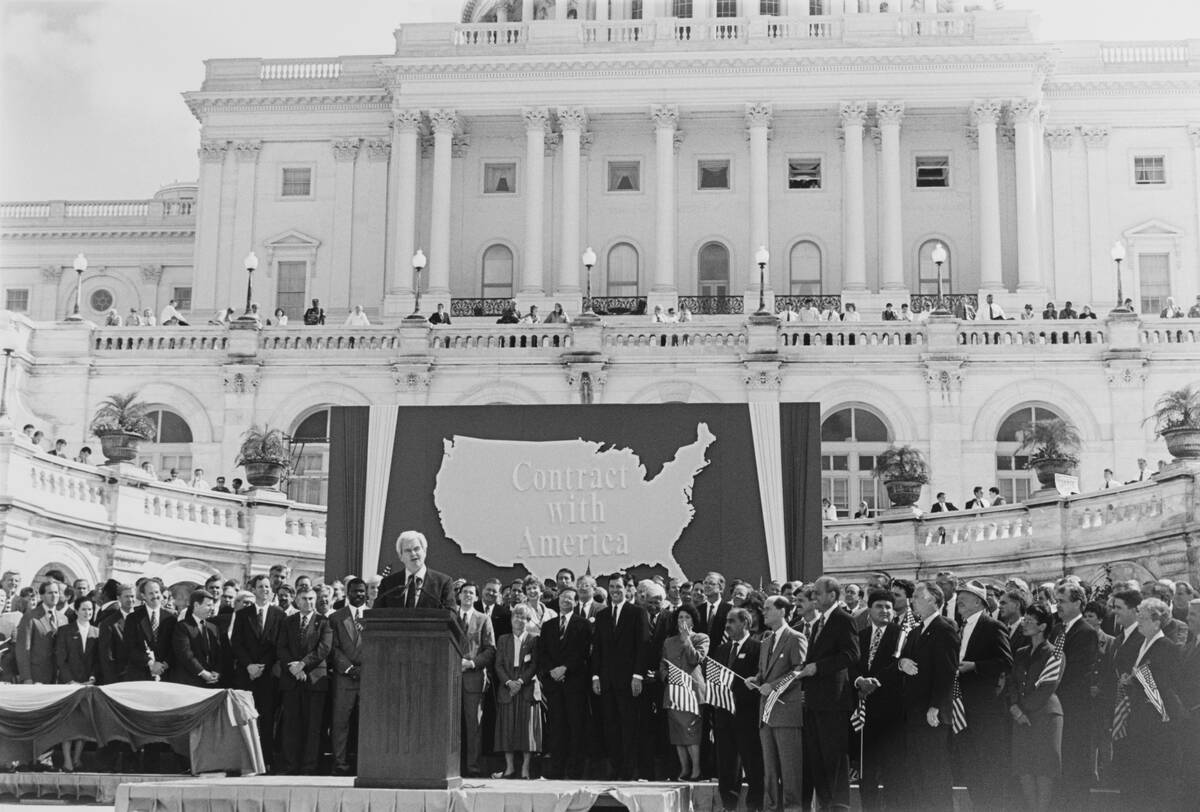 House Majority Whip Rep. Newt Gingrich, R-Ga., addresses the crowd at Contract with America cel ...