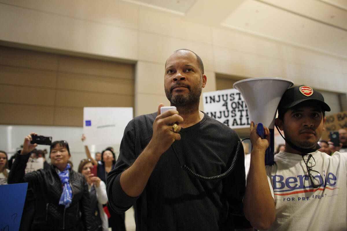 Nev. Sen. Aaron Ford speaks to the crowd at a protest against President Trump's recent immigrat ...