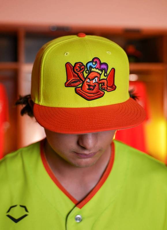 Former Aviators and now Athletics first baseman Nick Kurtz wearing the team's Cone Jesters "Wha ...