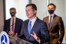 U.S. Secretary of Transportation Pete Buttigieg speaks during a press conference at the Atlanta ...