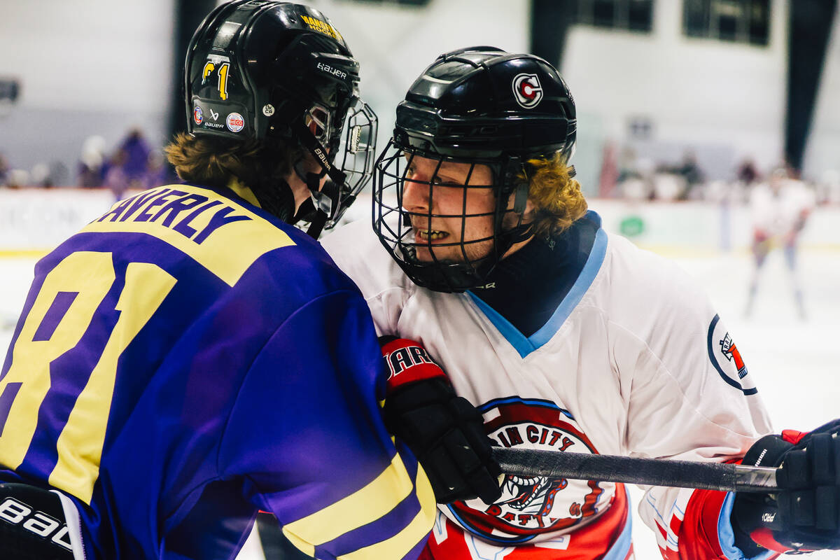 A fight ensues during a Golden Knights high school hockey league game at America First Center T ...