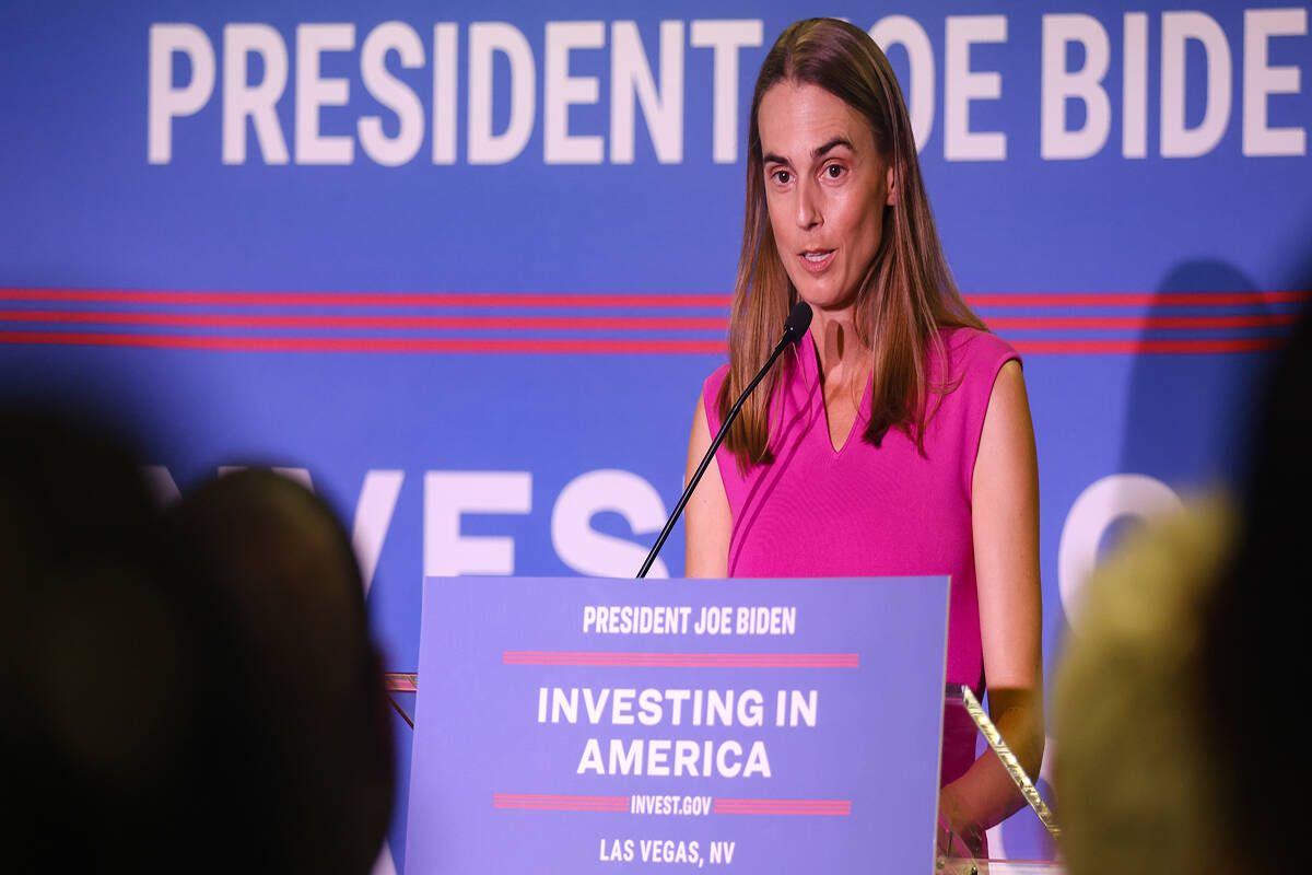 Kirsten Stasio, CEO of Nevada Clean Energy Fund, addresses the crowd at a celebration of Nevada ...