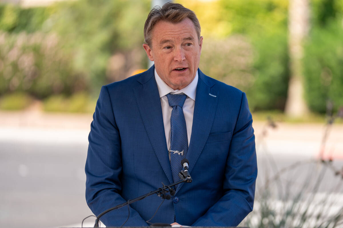 State Senator John Steinbeck, R-Las Vegas, speaks about road safety before unveiling a newly in ...