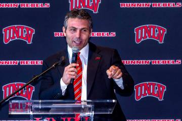 New UNLV men's basketball coach Josh Pastner thanks his family as he speaks during and introduc ...