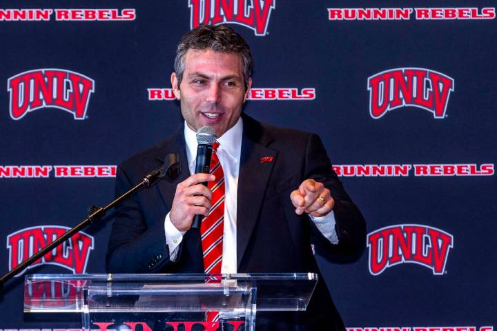 New UNLV men's basketball coach Josh Pastner thanks his family as he speaks during and introduc ...