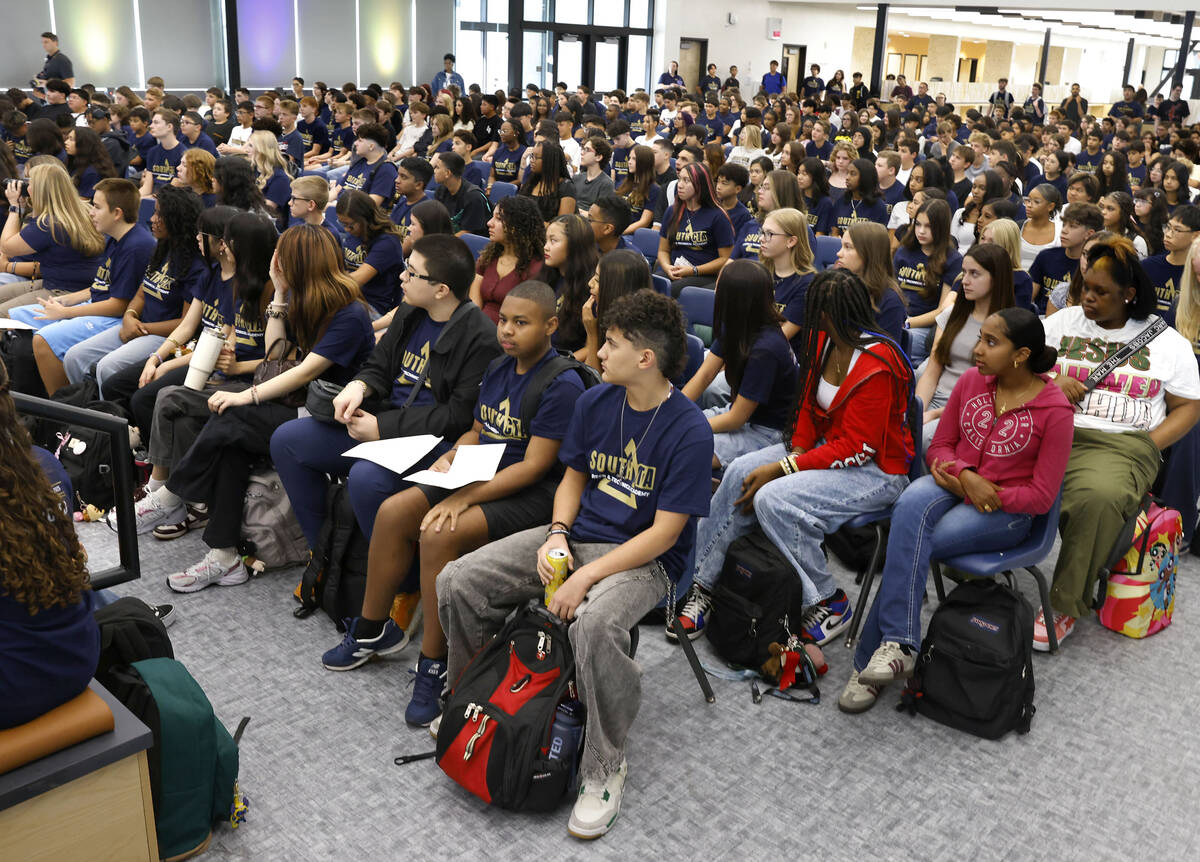 Students at South Career and Technical Academy attend the first day of school orientation on Mo ...