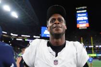 Las Vegas Raiders quarterback Geno Smith (7) leaves the field after an NFL preseason football g ...