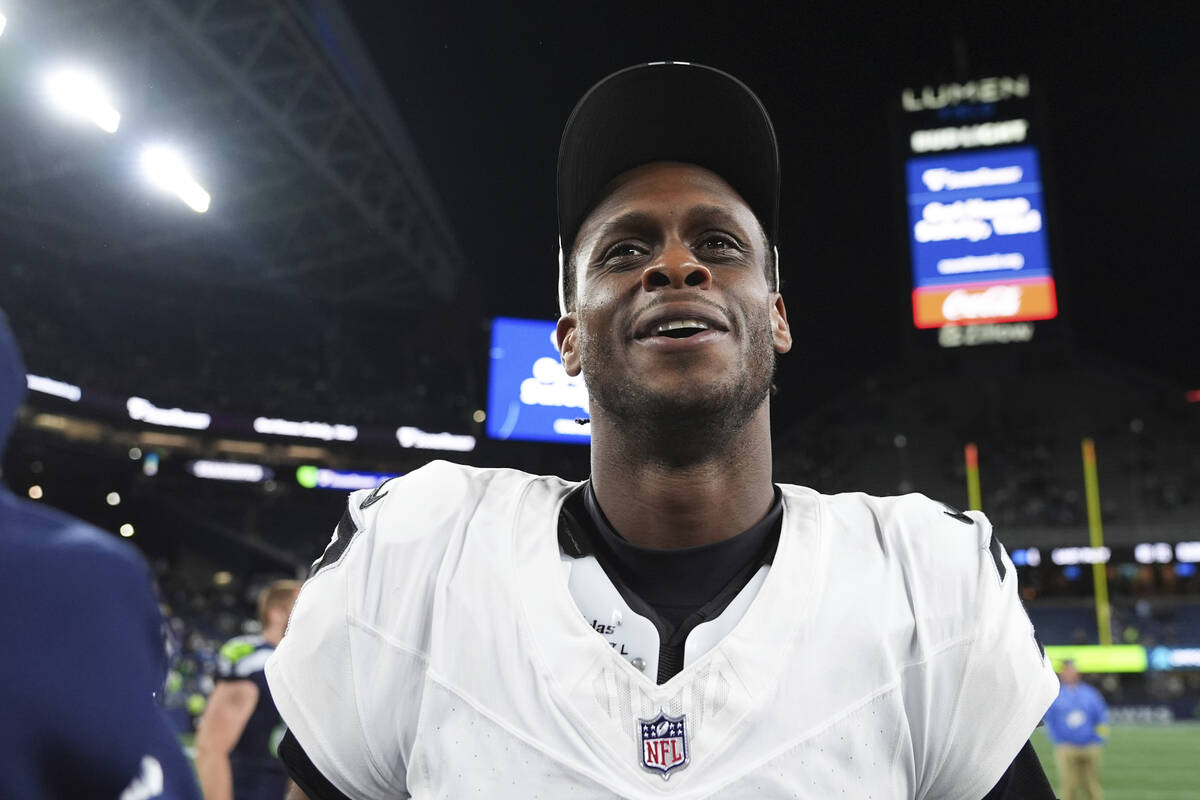 Las Vegas Raiders quarterback Geno Smith (7) leaves the field after an NFL preseason football g ...