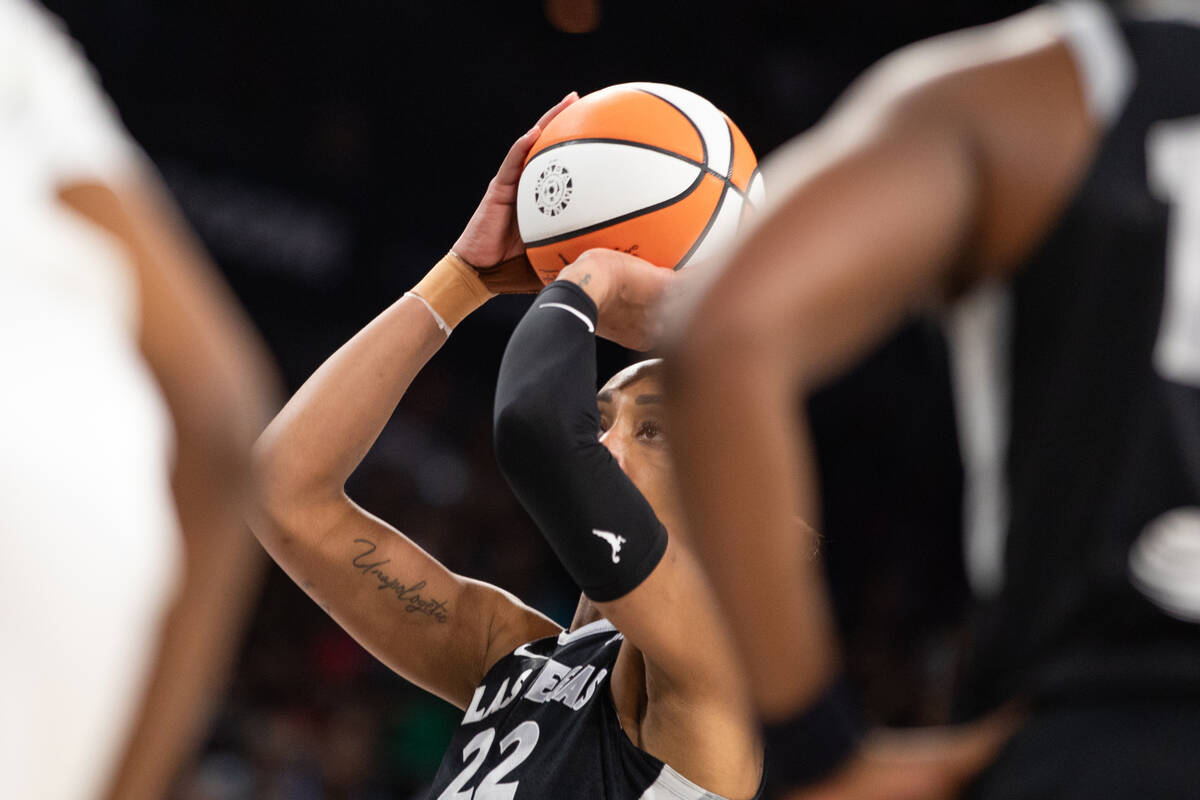 Las Vegas Aces center A'ja Wilson (22) shoots a free throw at a WNBA basketball game between th ...