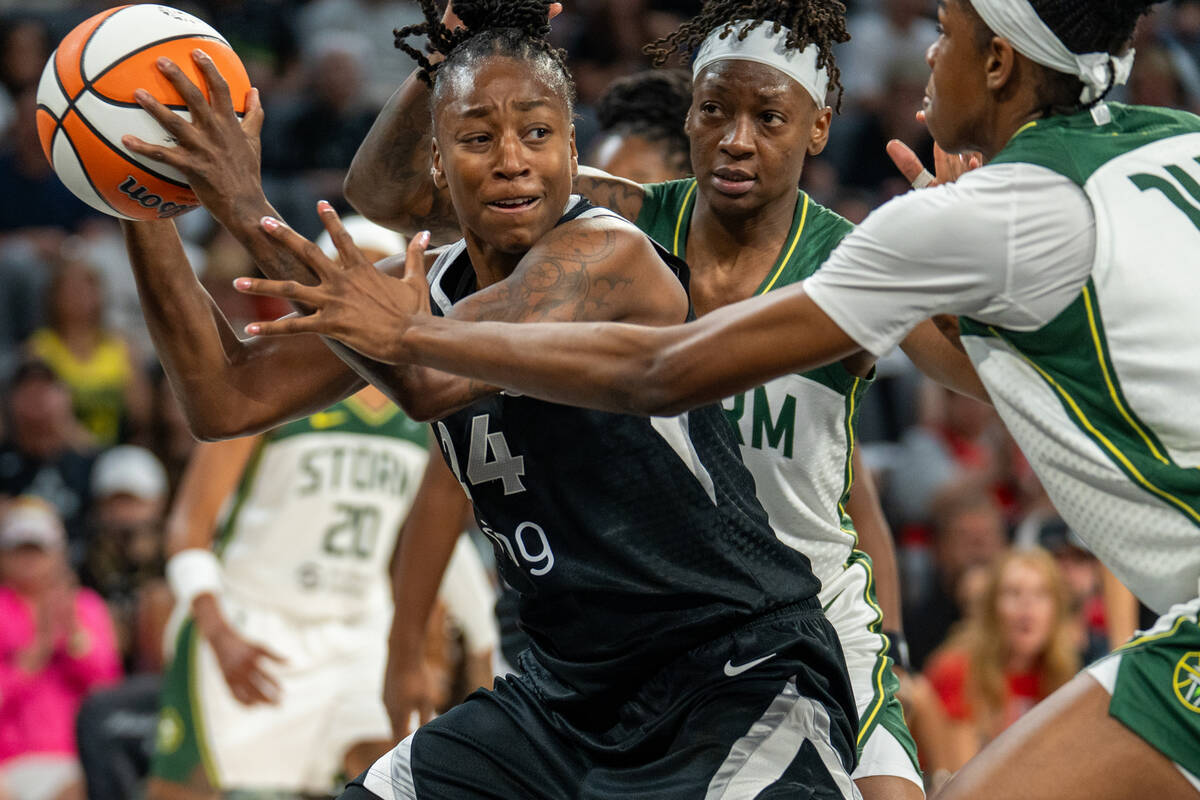 Las Vegas Aces guard Jewell Loyd (24) attepts to move the ball up court at a WNBA basketball ga ...