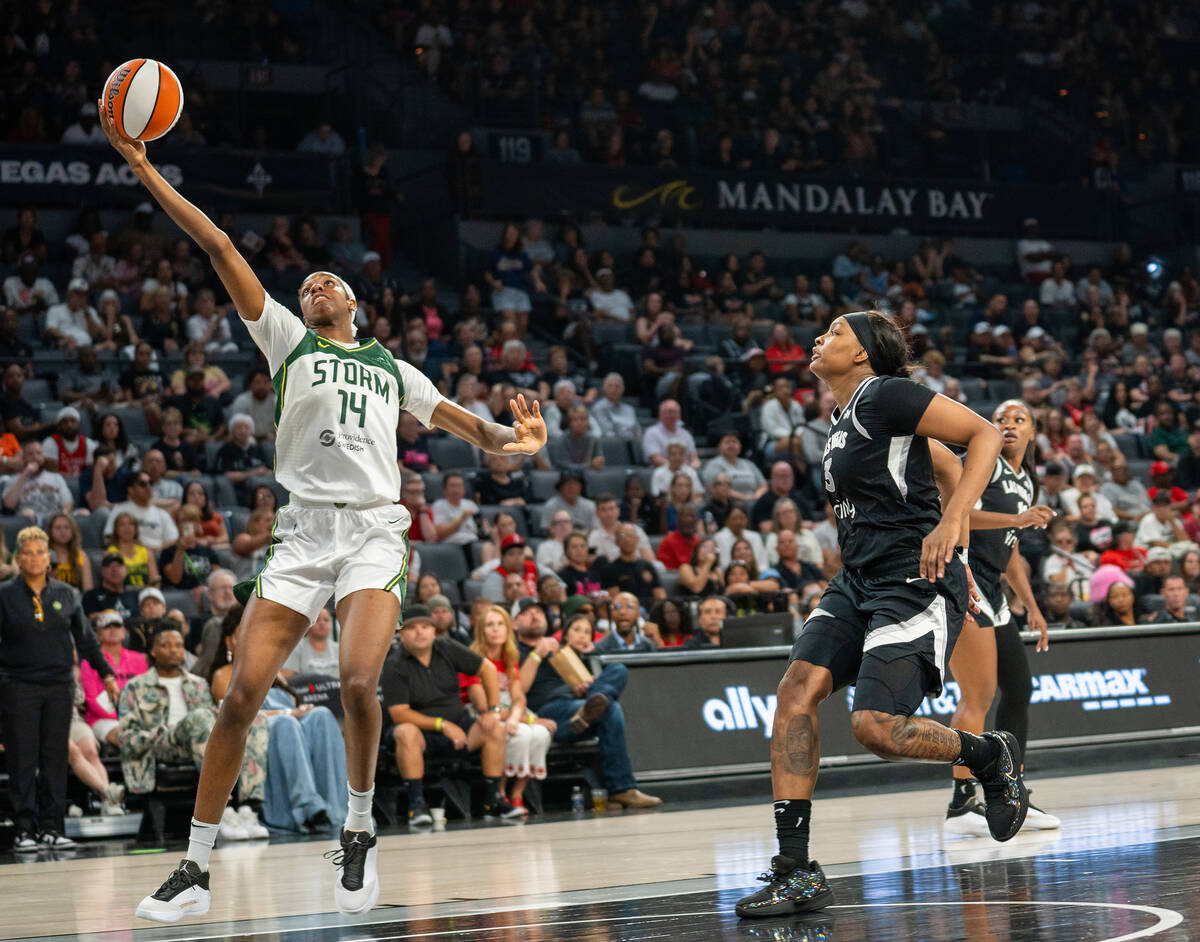 Seattle Storm center Dominique Malonga (14) makes a lay up at a WNBA basketball game between th ...