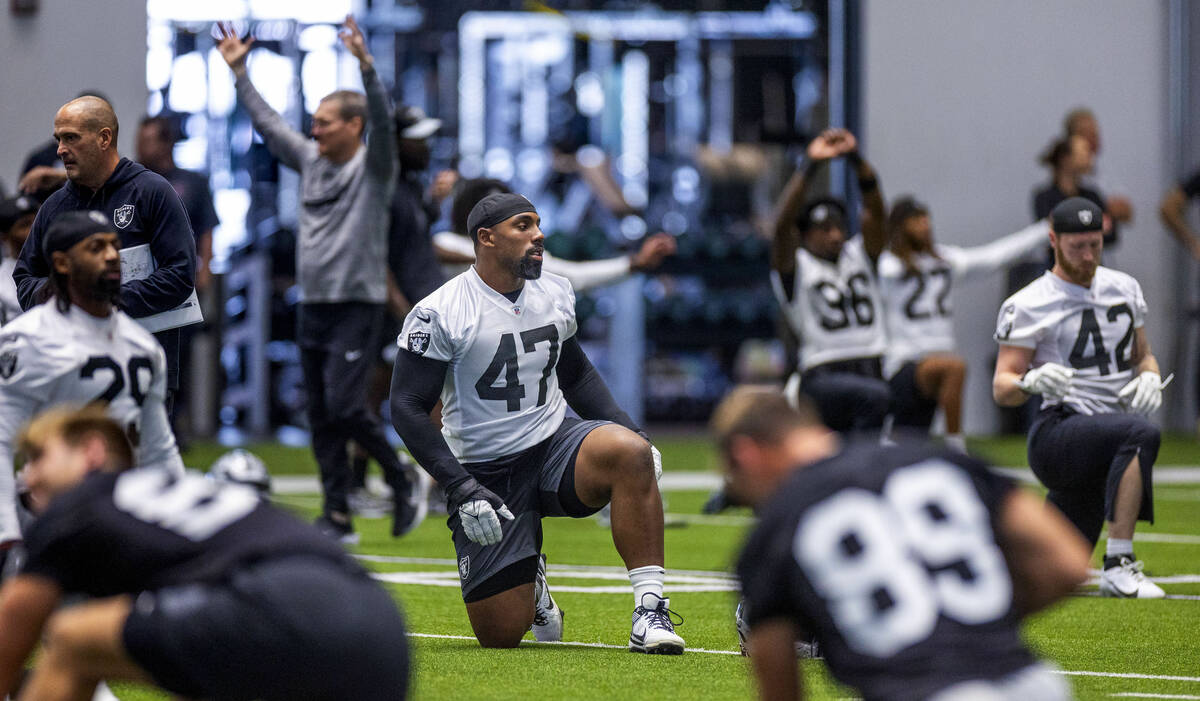 Raiders defensive tackle Thomas Booker IV (47) stretches with teammates during training camp in ...