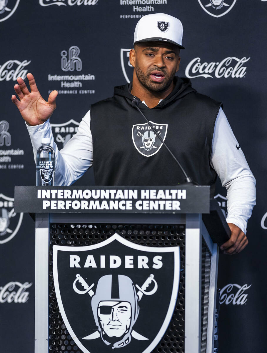 Raiders linebacker Jamal Adams (33) speaks during an interview at training camp in the Intermou ...