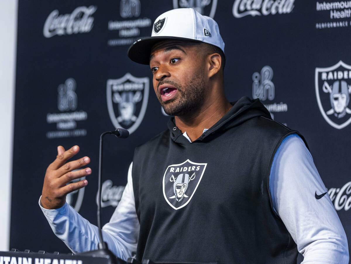 Raiders linebacker Jamal Adams (33) speaks during an interview at training camp in the Intermou ...