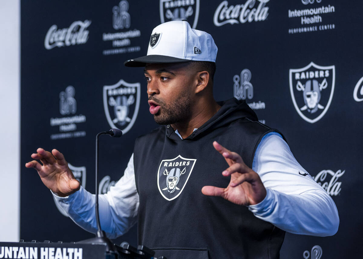 Raiders linebacker Jamal Adams (33) speaks during an interview at training camp in the Intermou ...