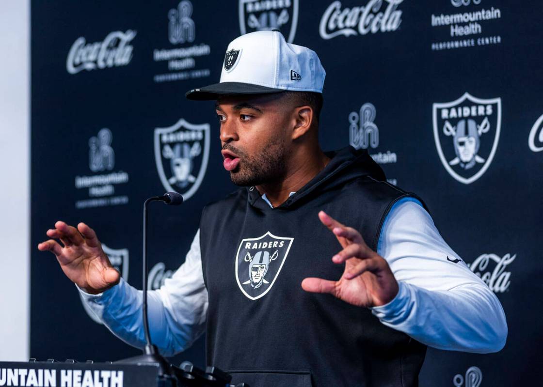 Raiders linebacker Jamal Adams (33) speaks during an interview at training camp in the Intermou ...