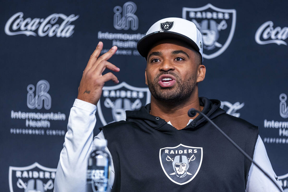 Raiders linebacker Jamal Adams (33) speaks during an interview at training camp in the Intermou ...