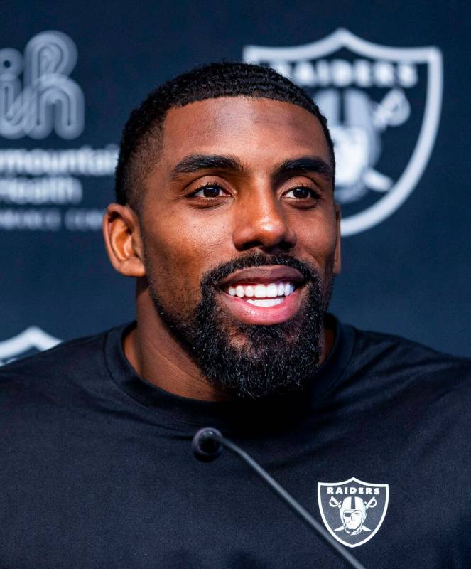 Raiders defensive tackle Thomas Booker IV (47) speaks during an interview at training camp in t ...