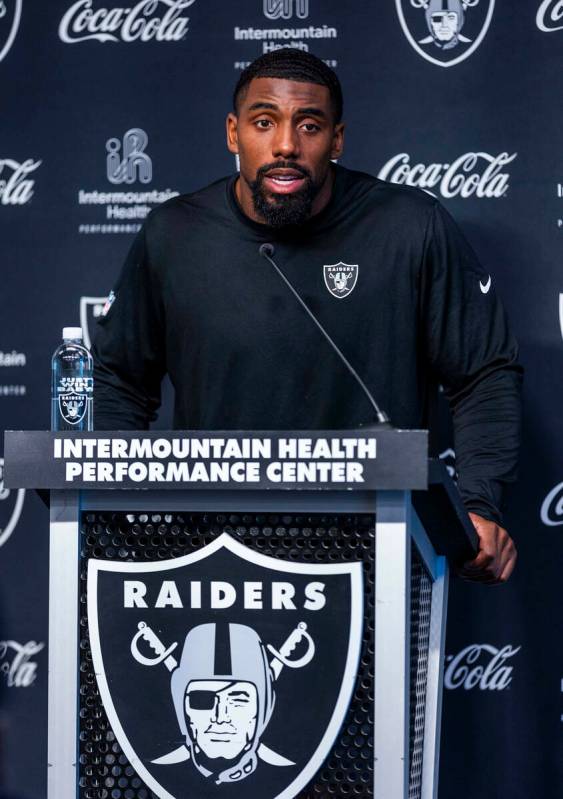 Raiders defensive tackle Thomas Booker IV (47) speaks during an interview at training camp in t ...