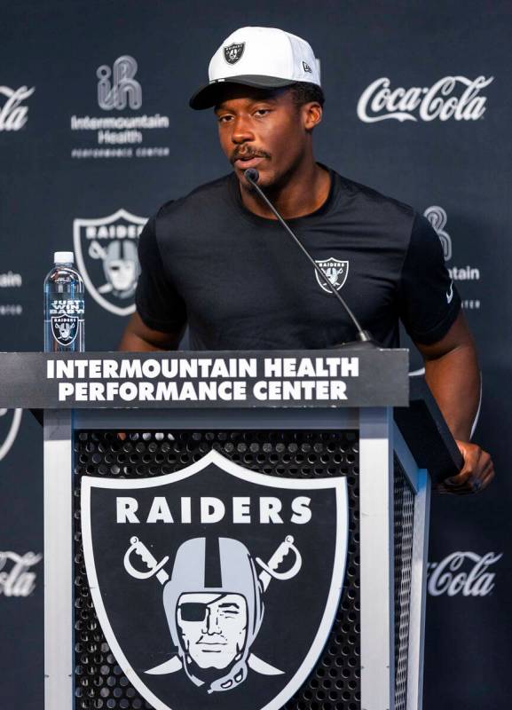 Raiders wide receiver Phillip Dorsett II (13) speaks during an interview at training camp in th ...