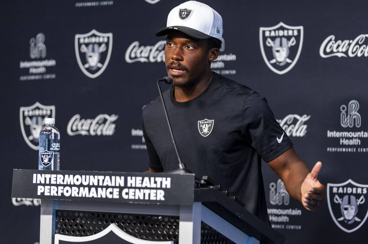 Raiders wide receiver Phillip Dorsett II (13) speaks during an interview at training camp in th ...