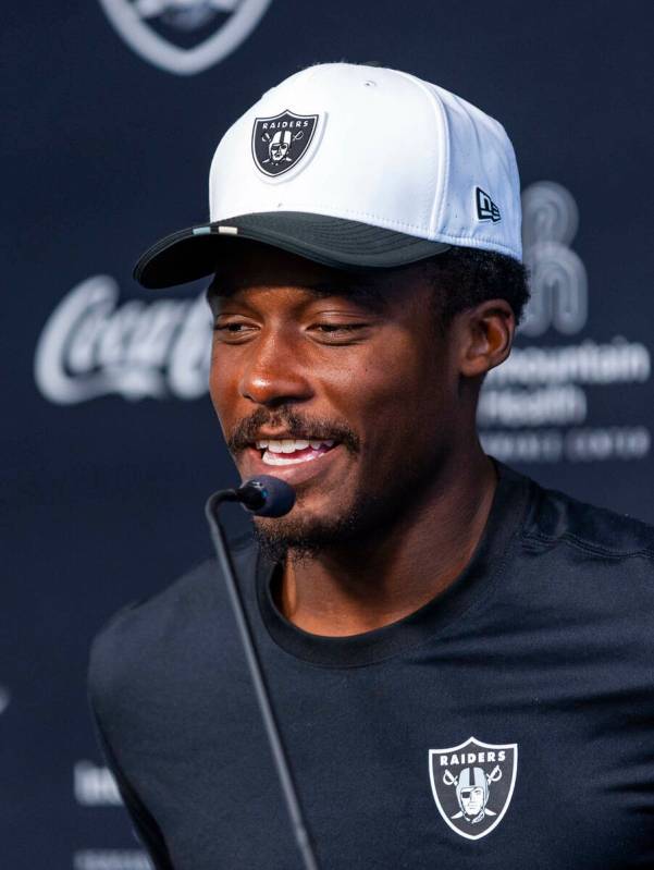 Raiders wide receiver Phillip Dorsett II (13) speaks during an interview at training camp in th ...