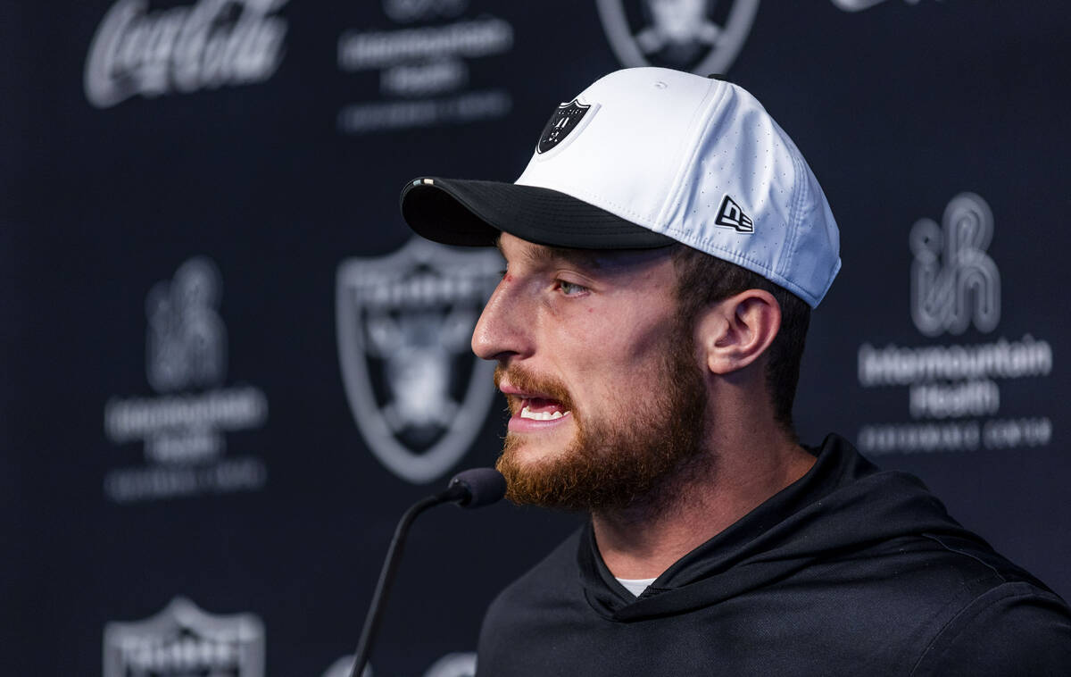 Raiders running back Dylan Laube (23) speaks during an interview at training camp in the Interm ...
