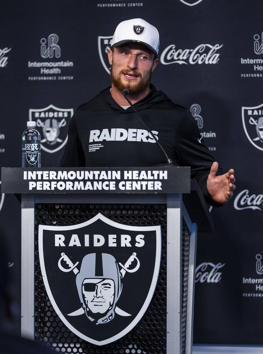 Raiders running back Dylan Laube (23) speaks during an interview at training camp in the Interm ...