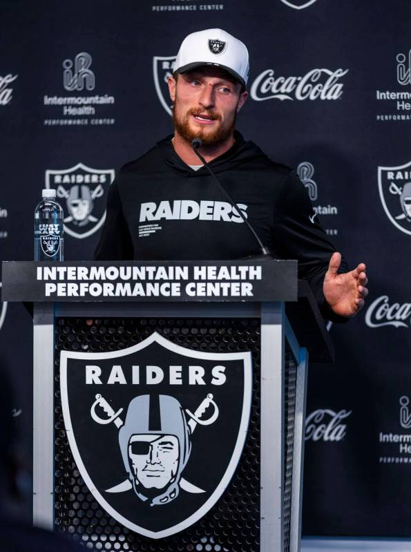 Raiders running back Dylan Laube (23) speaks during an interview at training camp in the Interm ...
