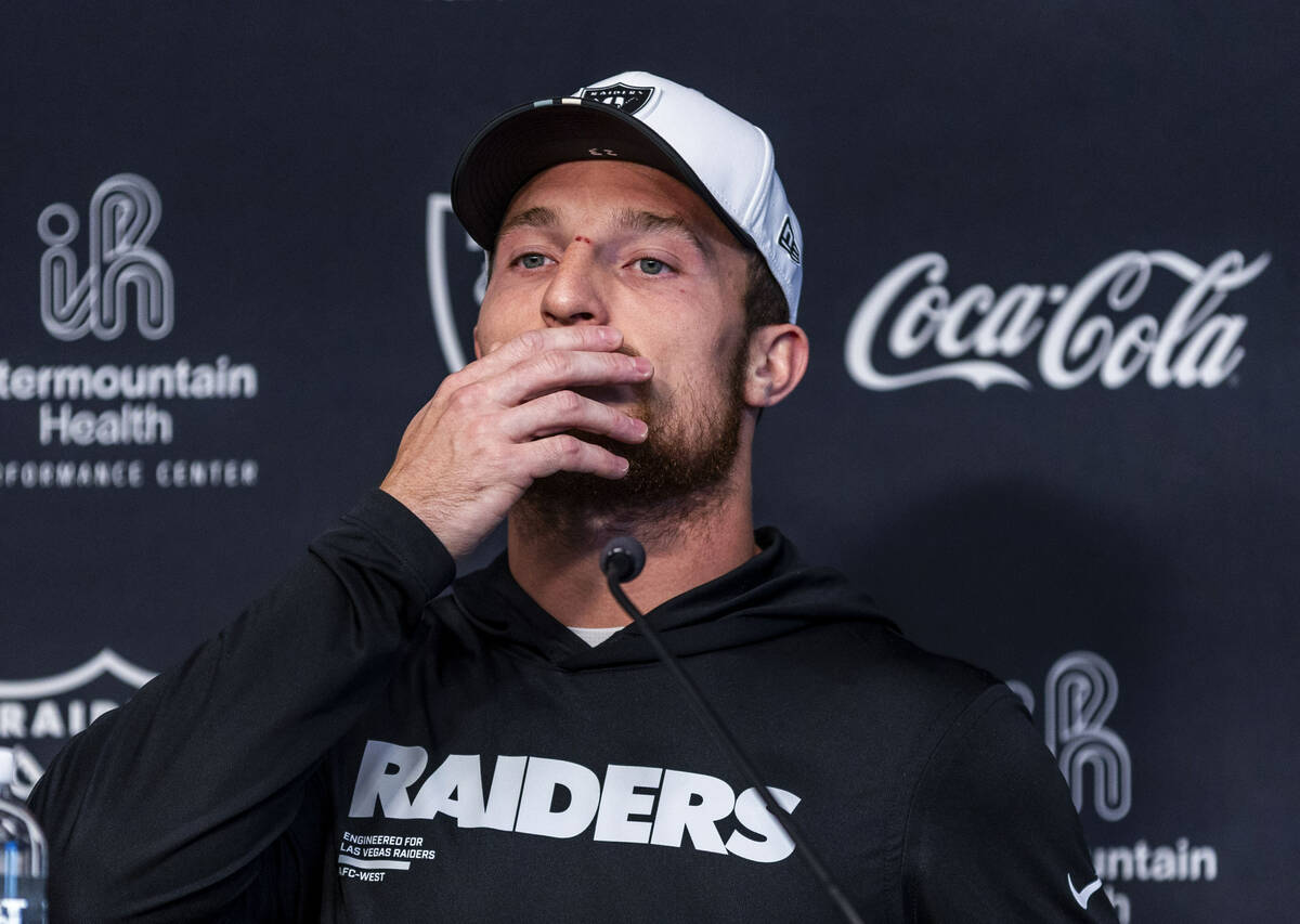 Raiders running back Dylan Laube (23) considers a question during an interview at training camp ...