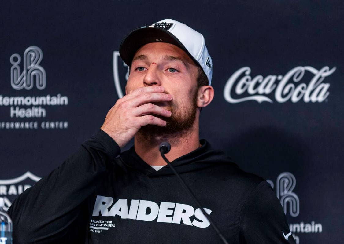 Raiders running back Dylan Laube (23) considers a question during an interview at training camp ...