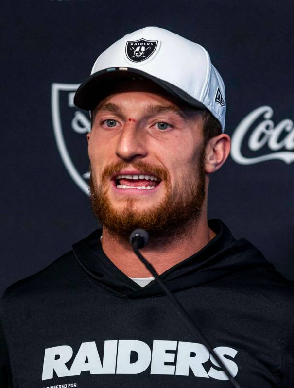 Raiders running back Dylan Laube (23) speaks during an interview at training camp in the Interm ...