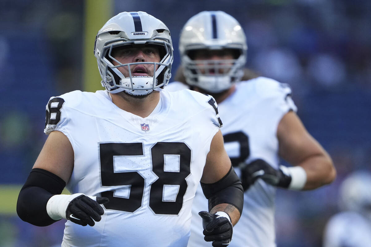 Las Vegas Raiders center Jackson Powers-Johnson in action before an NFL preseason football game ...