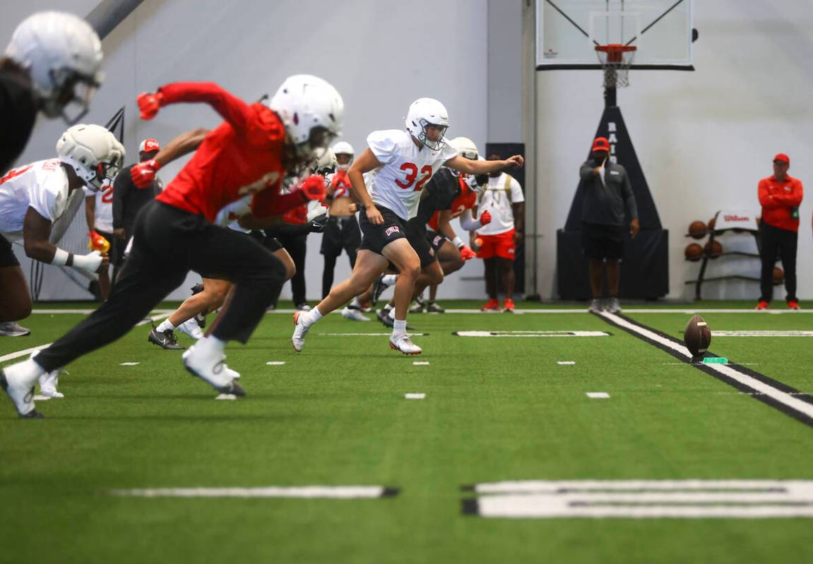 UNLV place kicker Ramon Villela (32) participates in drills during practice at the Raiders head ...