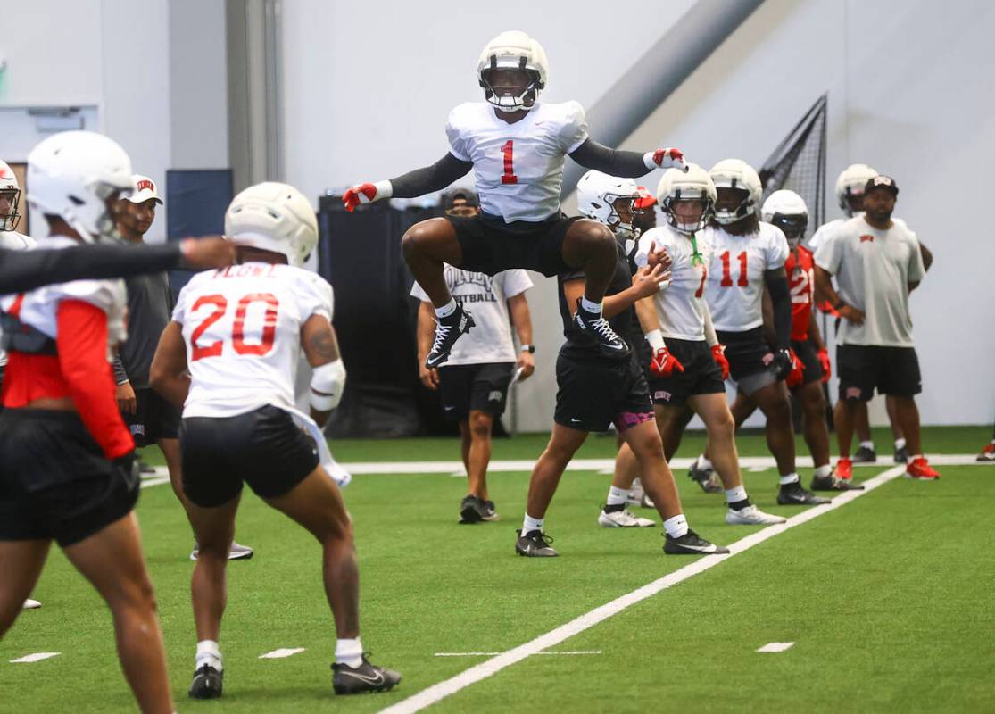 UNLV outside linebacker Chief Borders (1) jumps between drills during football practice at the ...