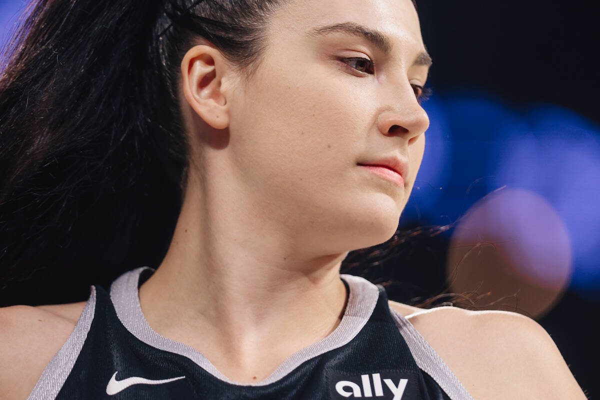 Aces center Megan Gustafson during a WNBA basketball game between the Aces and Connecticut Sun ...