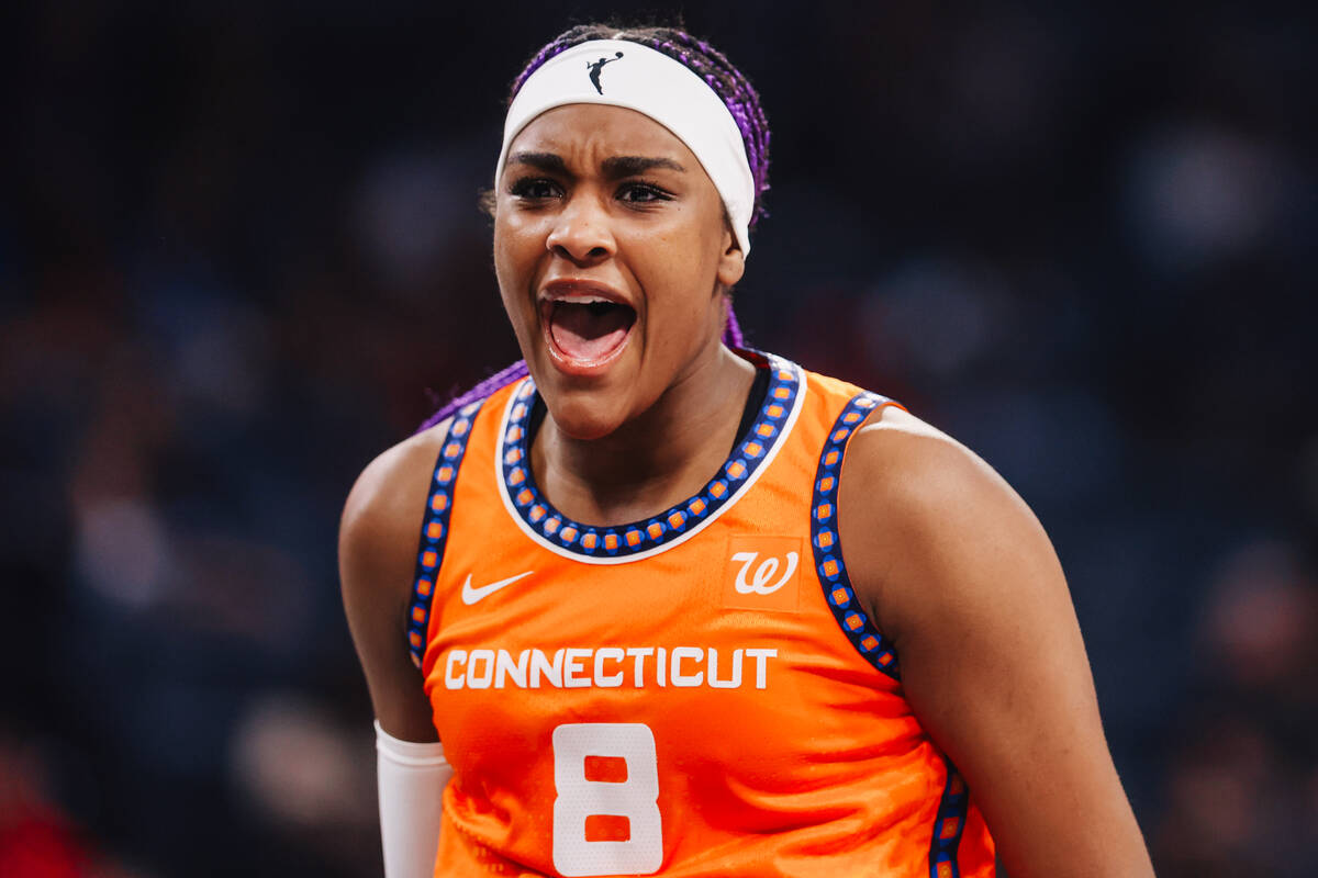 Connecticut Sun forward Aaliyah Edwards yells during a WNBA basketball game between the Aces an ...