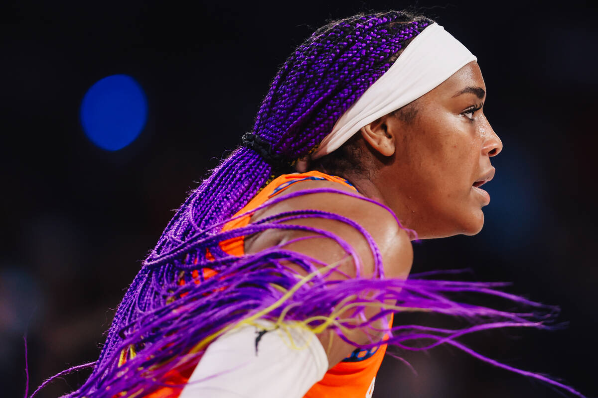 Connecticut Sun forward Aaliyah Edwards runs down the court during a WNBA basketball game betwe ...