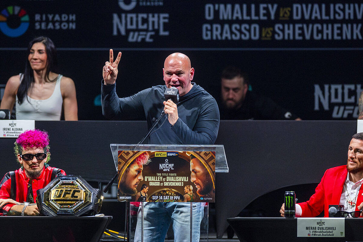 Dana White talks to the fans during the UFC 306 press conference at the Sphere on Thursday, Sep ...