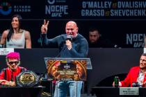 Dana White talks to the fans during the UFC 306 press conference at the Sphere on Thursday, Sep ...
