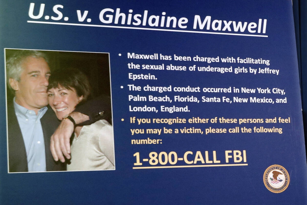 FILE - A board outlining the case against Ghislaine Maxwell is seen during a news conference to ...