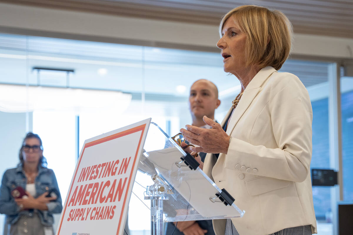 Rep. Susie Lee, D-Nev., speaks during a news conference with MP Materials Chief Communications ...