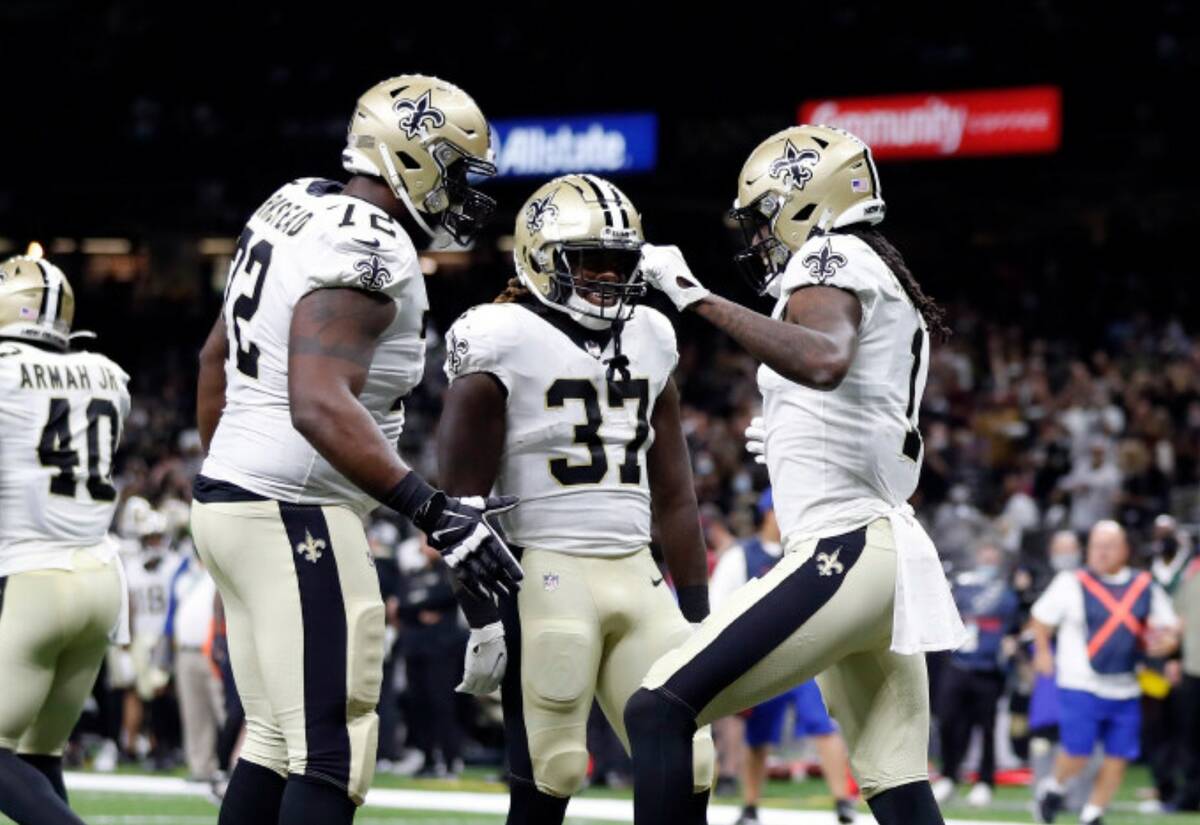 New Orleans Saints wide receiver Marquez Callaway (1), offensive tackle Terron Armstead (72) an ...