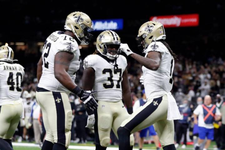 New Orleans Saints wide receiver Marquez Callaway (1), offensive tackle Terron Armstead (72) an ...