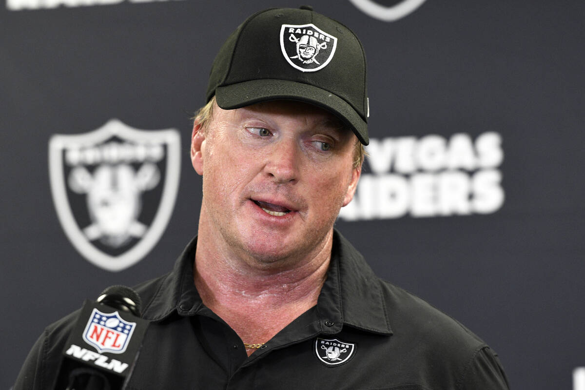 Raiders head coach Jon Gruden speaks with the media following an NFL football game against the ...