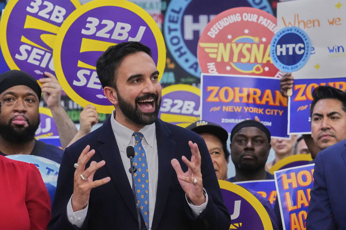 Democrat mayoral candidate Zohran Mamdani speaks during a rally at the Hotel & Gaming Trade ...