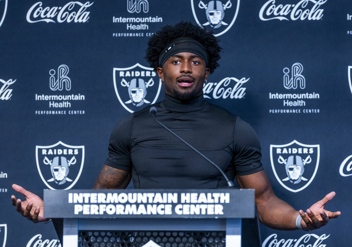 Raiders cornerback Kyu Blu Kelly (36) answers a media question during training camp at the Inte ...