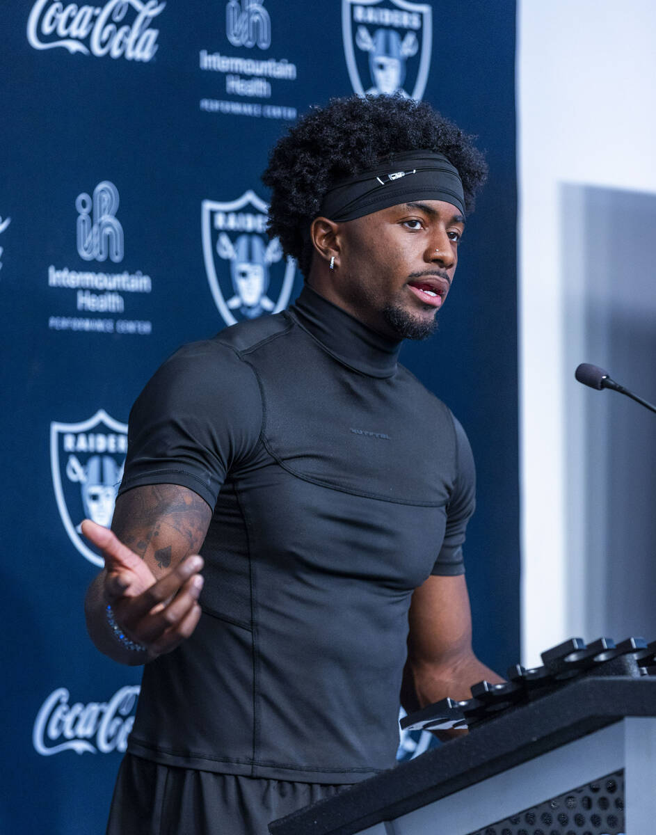 Raiders cornerback Kyu Blu Kelly (36) answers a media question during training camp at the Inte ...
