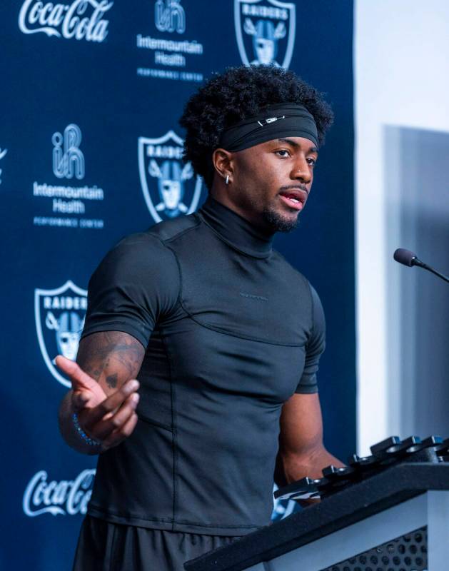 Raiders cornerback Kyu Blu Kelly (36) answers a media question during training camp at the Inte ...